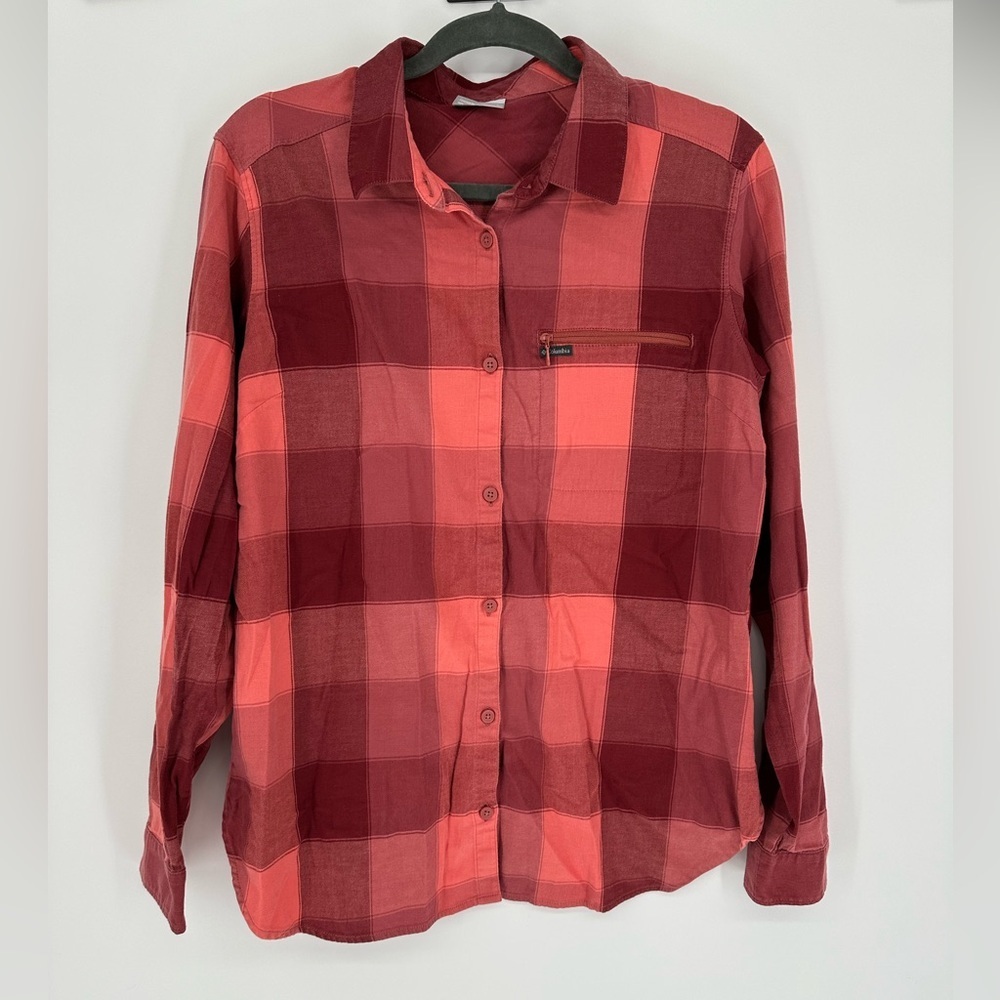 Columbia Anytime Casual Stretch Plaid Button Up Shirt L Flannel Zip Pocket